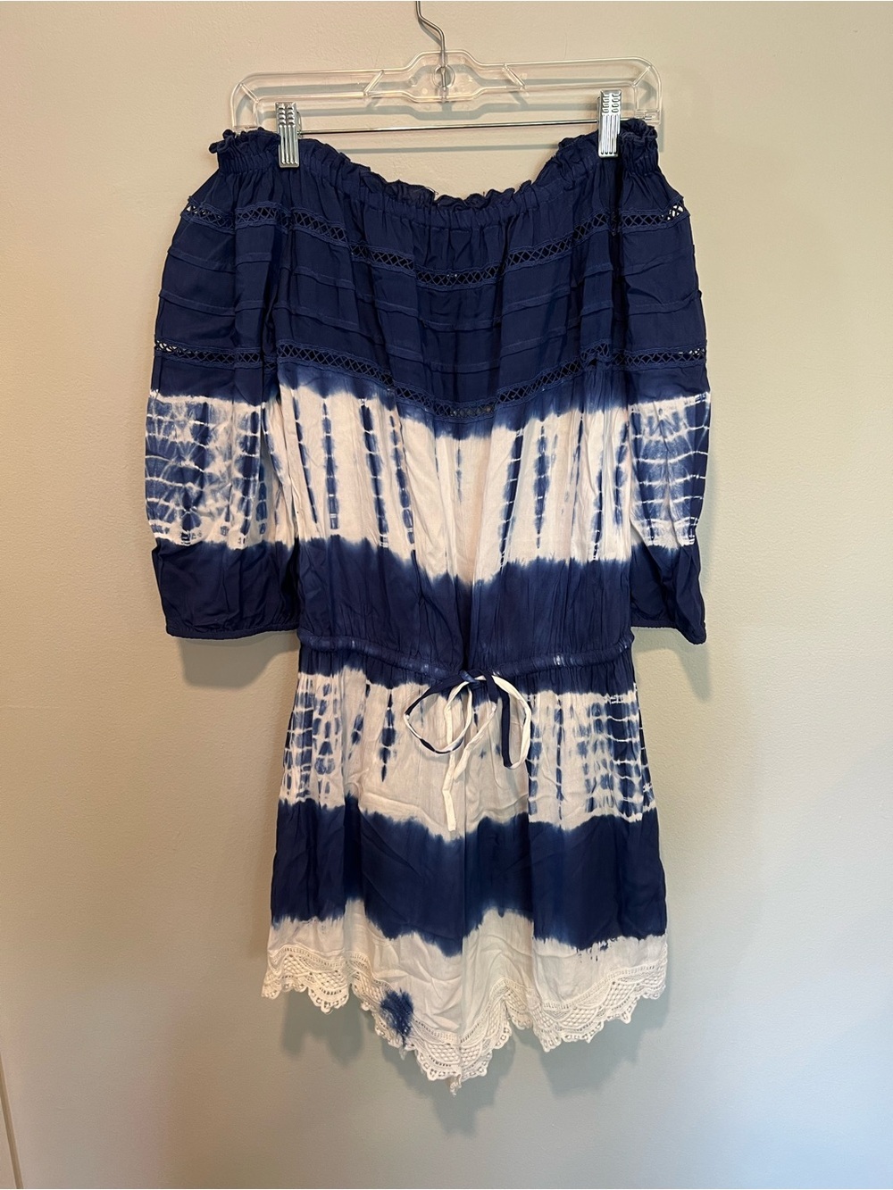 NWT Solitaire Swim Blue White Tie Dye Off Shoulder Romper XL